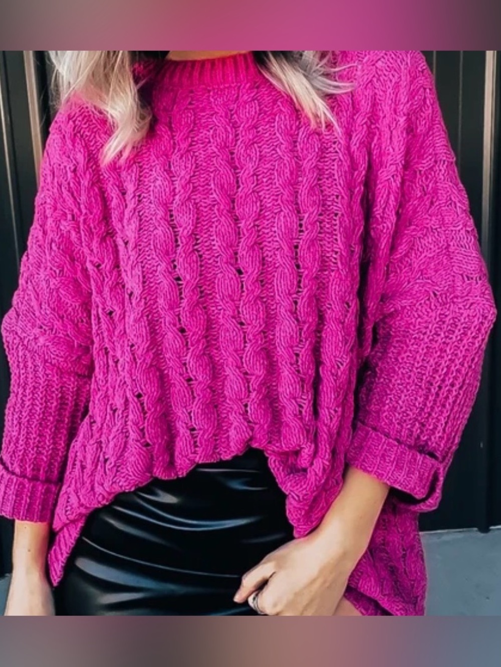 Umgee Oversized Cable Knit Slouchy Sweater Pink Women Small S